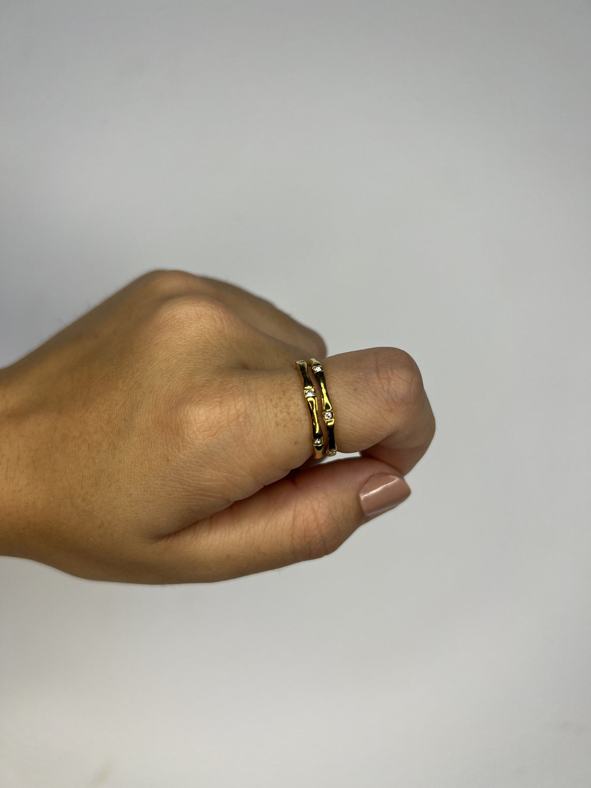 Anel Regulável Duplo Zircônias Aço Inoxidável Dourado