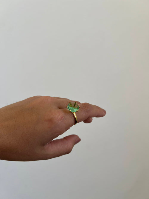 Anel Solitário Pedra Verde 12 mm Folheado a Ouro 18K Regulável