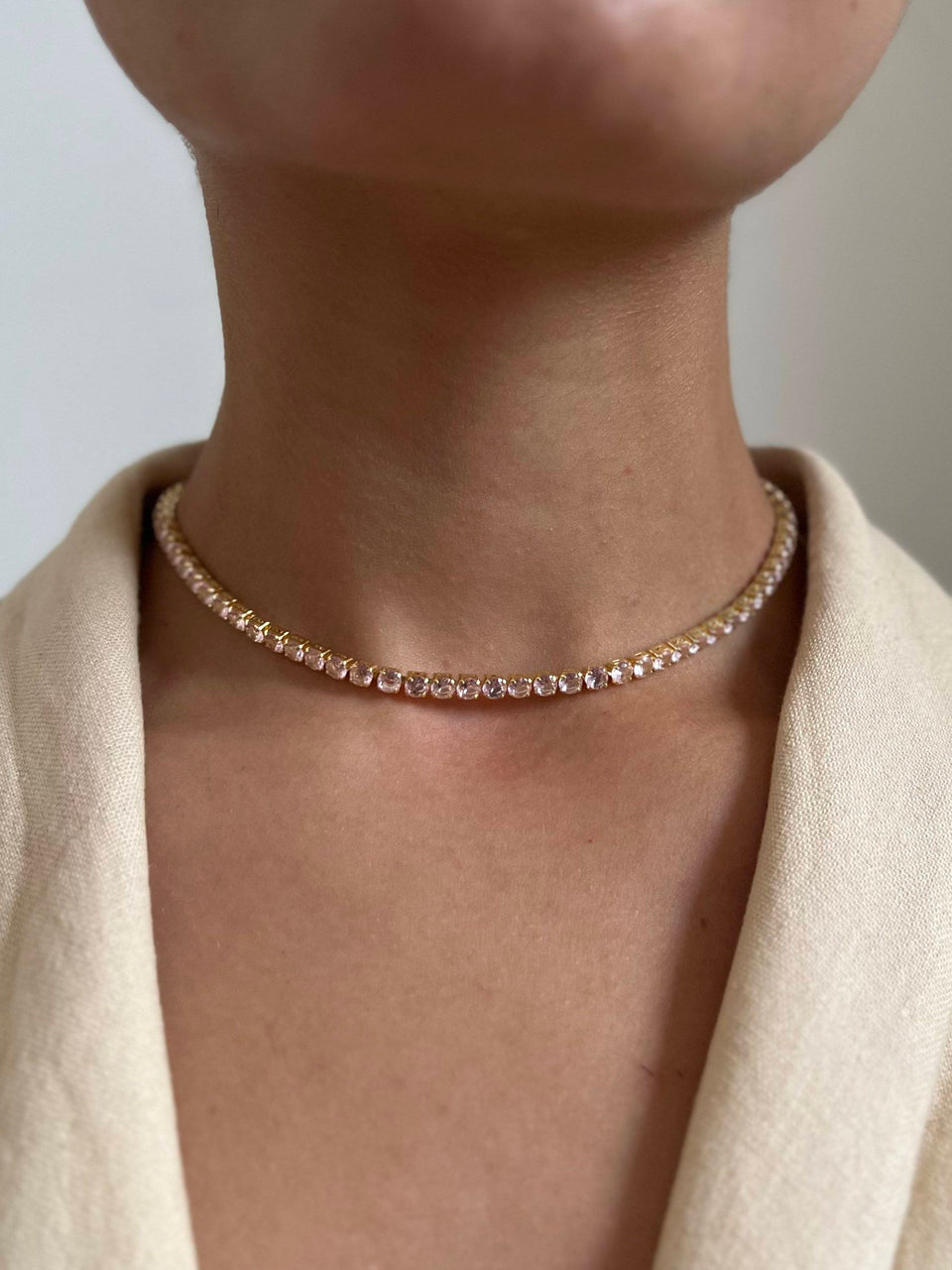 Choker Folheado a Ouro 18K Zircônia Rosa Claro